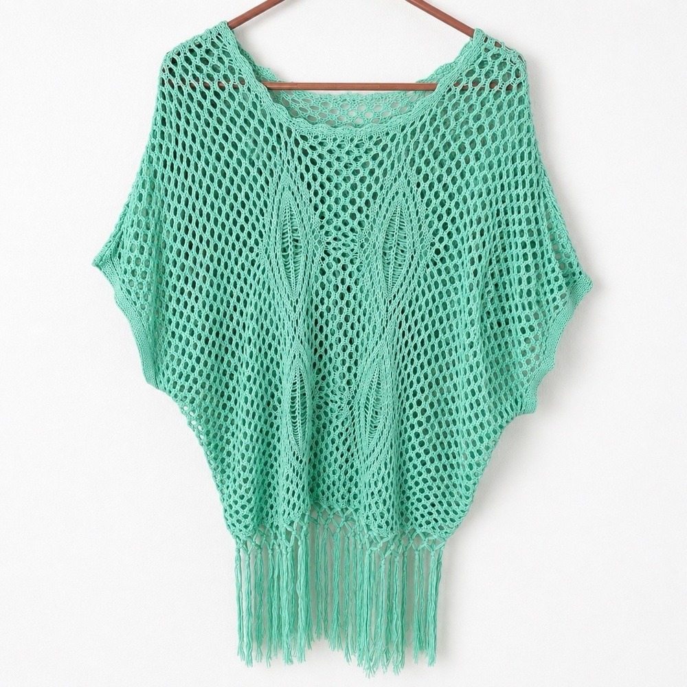 Aqua Open Knit Boho Sweater With Fringe‎ Hem Short Sleeved